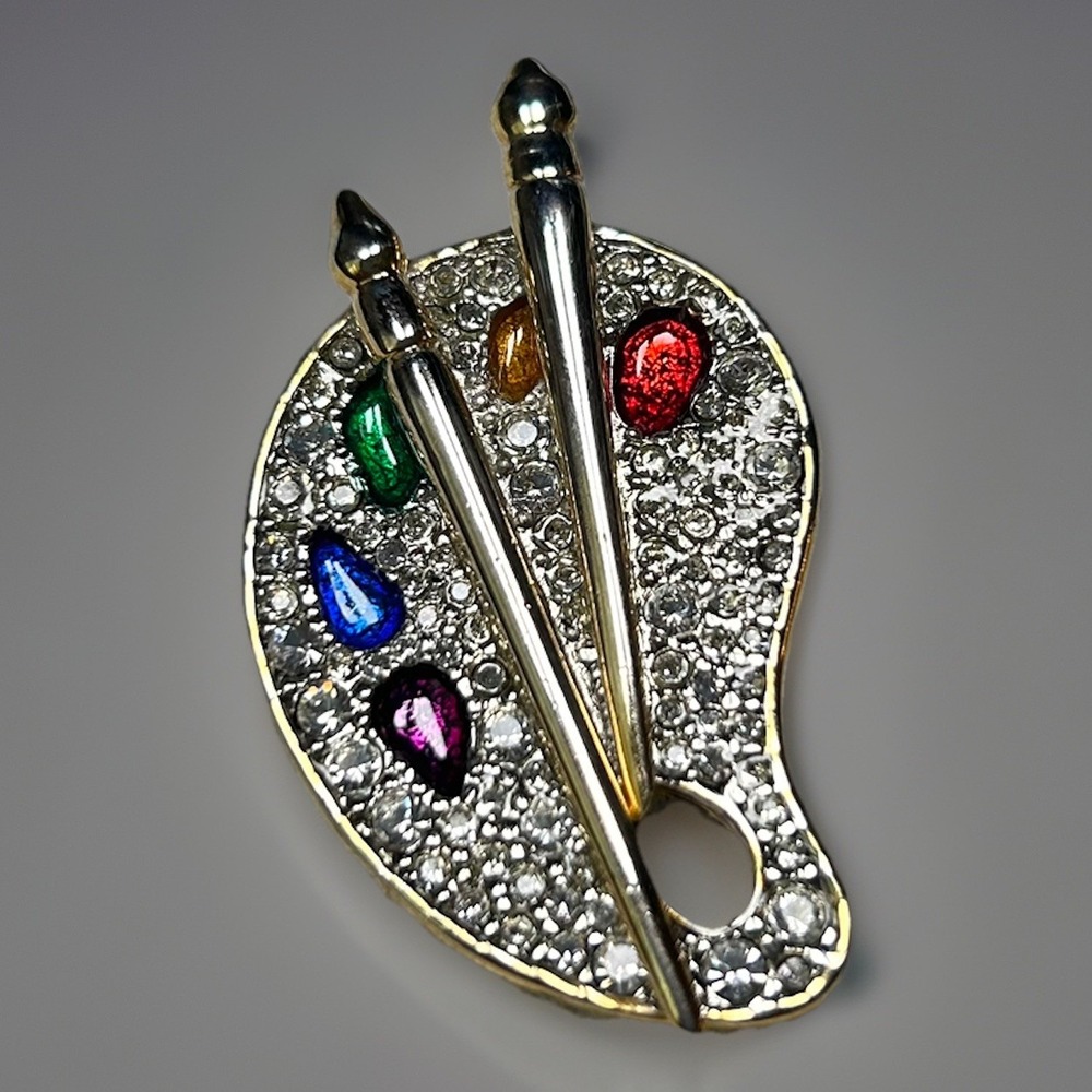 VTG Artist Palette Rhinestone Brooch Gold Brass Tone Color Art Brushes